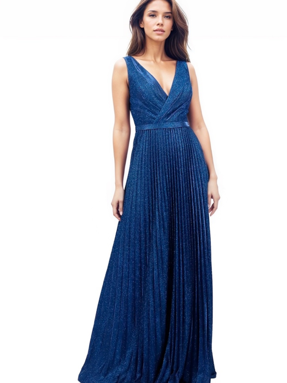 V NECK PLEATED EVENING FORMAL GOWN